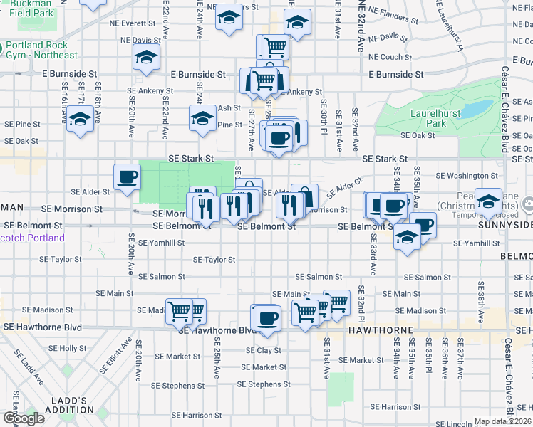 map of restaurants, bars, coffee shops, grocery stores, and more near 712 Southeast 28th Avenue in Portland