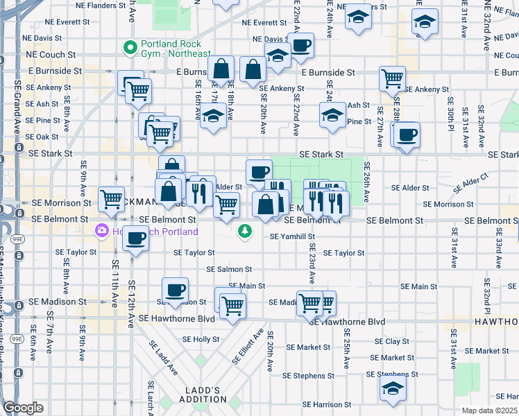 map of restaurants, bars, coffee shops, grocery stores, and more near 1917-1919 Southeast Morrison Street in Portland