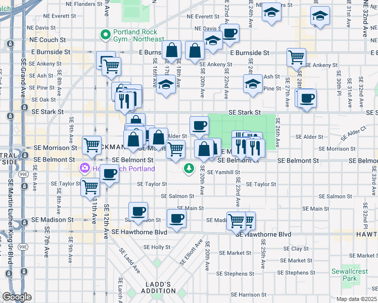 map of restaurants, bars, coffee shops, grocery stores, and more near 1917-1919 Southeast Morrison Street in Portland