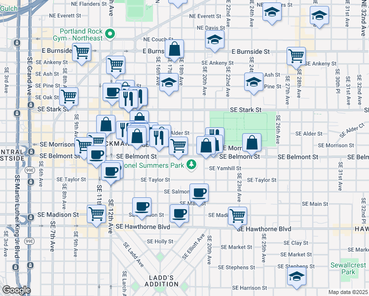map of restaurants, bars, coffee shops, grocery stores, and more near 722 Southeast 18th Avenue in Portland
