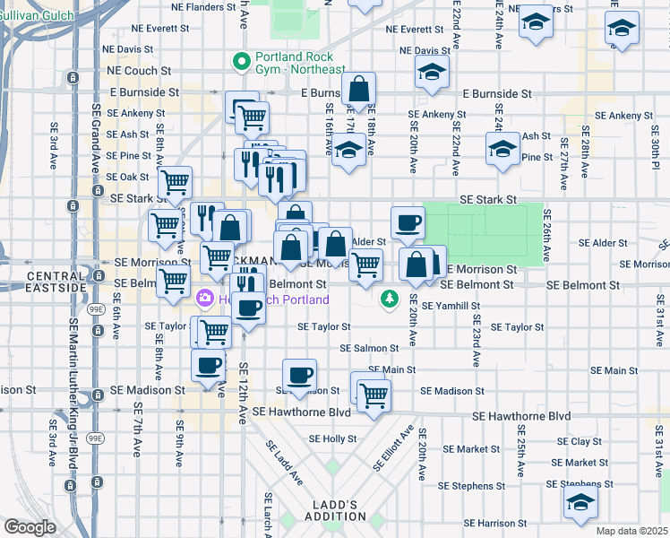 map of restaurants, bars, coffee shops, grocery stores, and more near 1619-1623 Southeast Morrison Street in Portland
