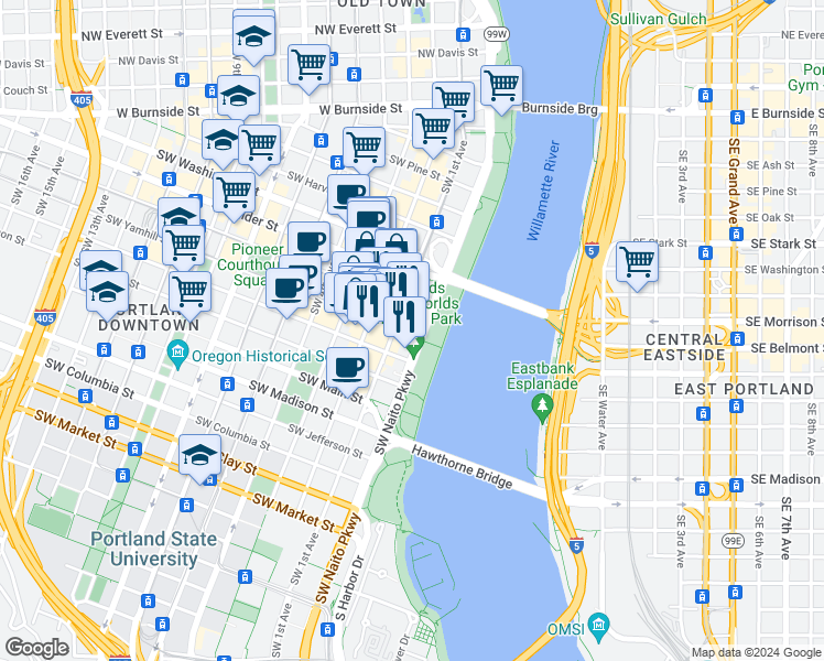 map of restaurants, bars, coffee shops, grocery stores, and more near in Portland