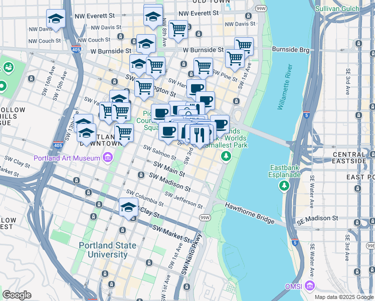 map of restaurants, bars, coffee shops, grocery stores, and more near in Portland