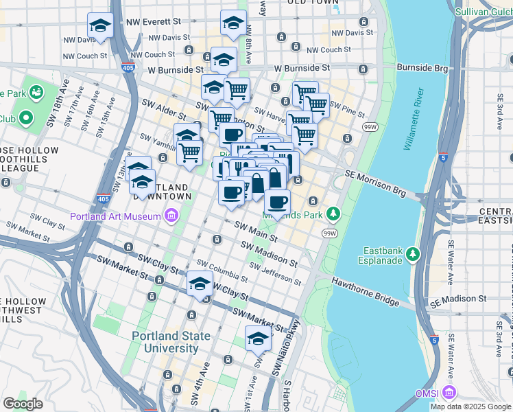 map of restaurants, bars, coffee shops, grocery stores, and more near 700 Southwest 5th Avenue in Portland