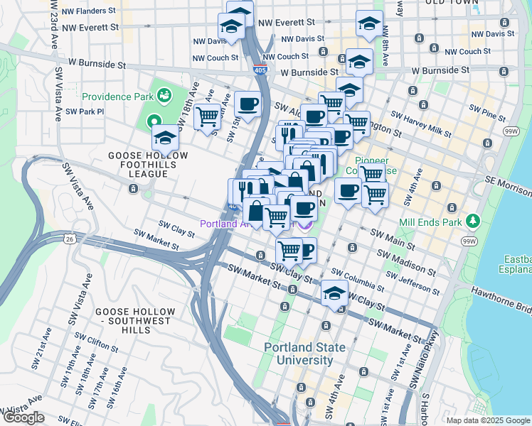 map of restaurants, bars, coffee shops, grocery stores, and more near in Portland