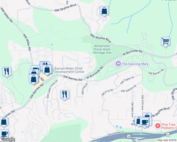 map of restaurants, bars, coffee shops, grocery stores, and more near West Burnside Road in Portland