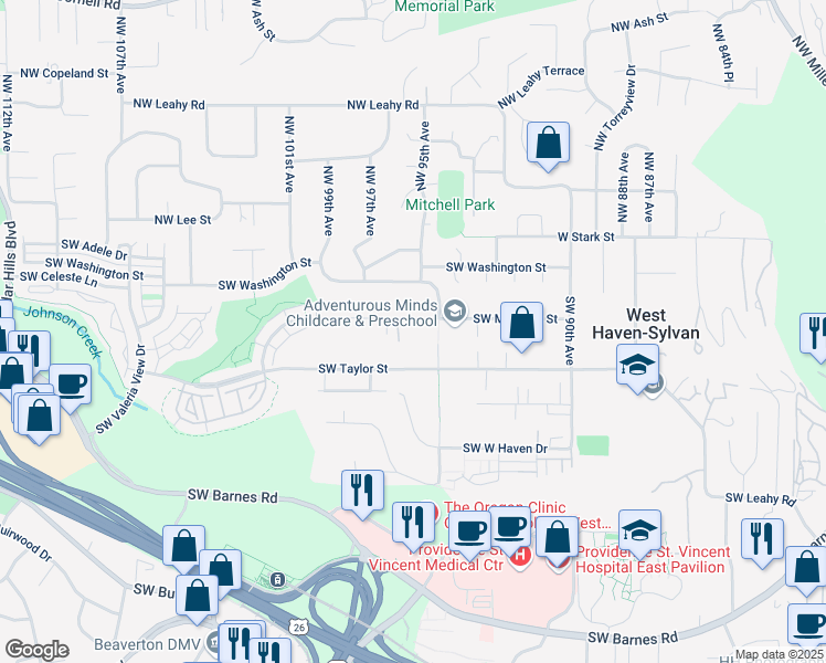 map of restaurants, bars, coffee shops, grocery stores, and more near 9649 Southwest Morrison Street in Portland