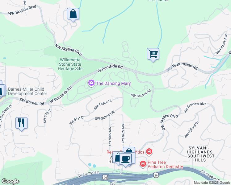 map of restaurants, bars, coffee shops, grocery stores, and more near 5720 Southwest Barnes Road in Portland