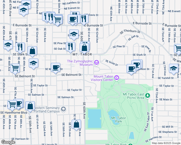 map of restaurants, bars, coffee shops, grocery stores, and more near 6109 Southeast Belmont Street in Portland