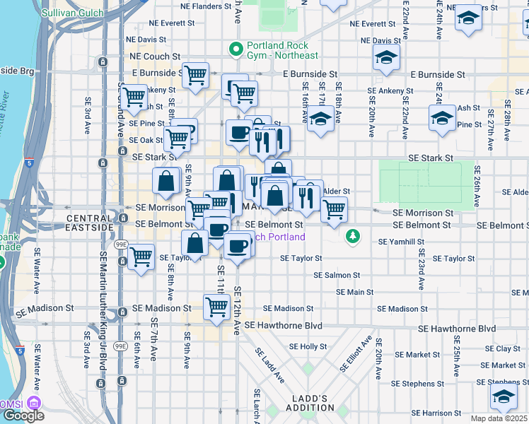 map of restaurants, bars, coffee shops, grocery stores, and more near 1301 Southeast Morrison Street in Portland