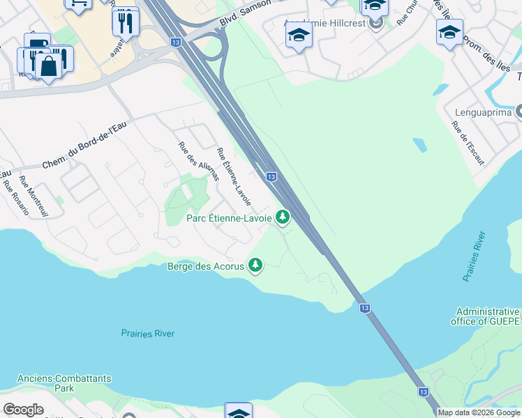 map of restaurants, bars, coffee shops, grocery stores, and more near 402 Rue Étienne-Lavoie in Laval