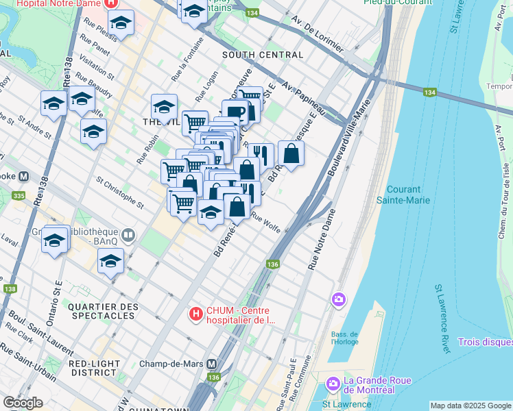 map of restaurants, bars, coffee shops, grocery stores, and more near 1150 Boulevard René-Lévesque Est in Montréal