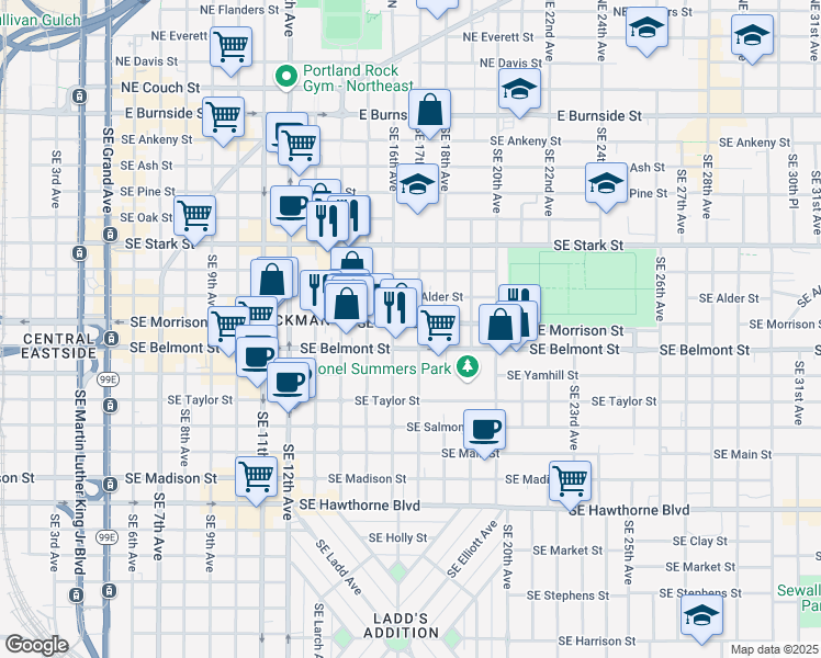 map of restaurants, bars, coffee shops, grocery stores, and more near 1630 Southeast Morrison Street in Portland
