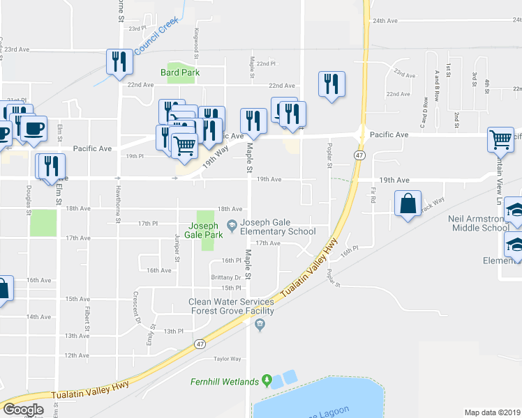 map of restaurants, bars, coffee shops, grocery stores, and more near 1809 Maple Street in Forest Grove