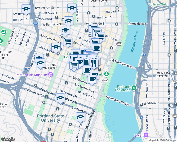 map of restaurants, bars, coffee shops, grocery stores, and more near 319 Southwest Taylor Street in Portland
