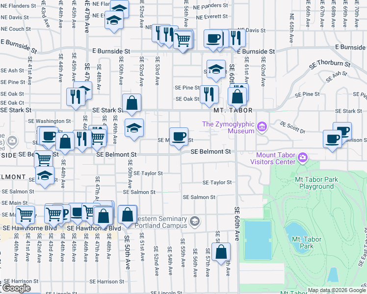 map of restaurants, bars, coffee shops, grocery stores, and more near 826 Southeast 55th Avenue in Portland