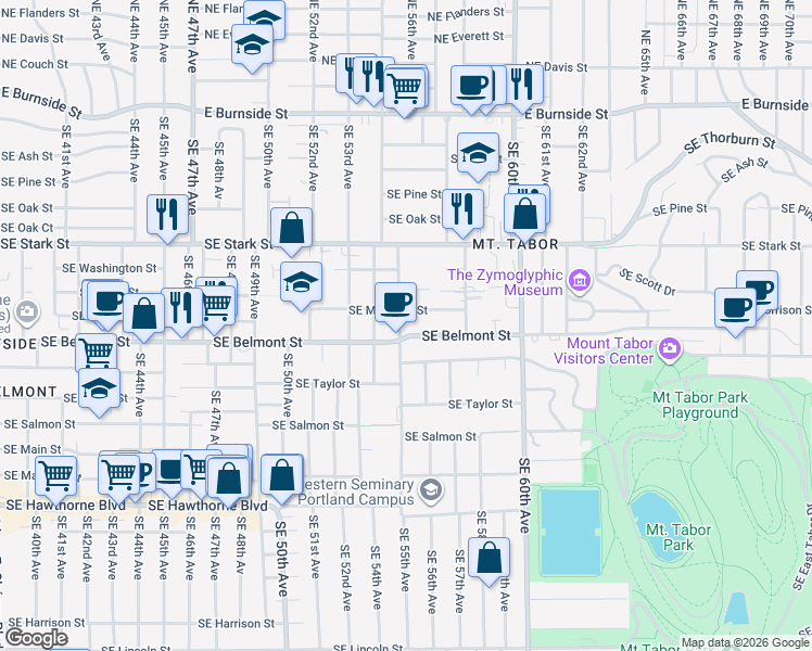 map of restaurants, bars, coffee shops, grocery stores, and more near 826 Southeast 55th Avenue in Portland