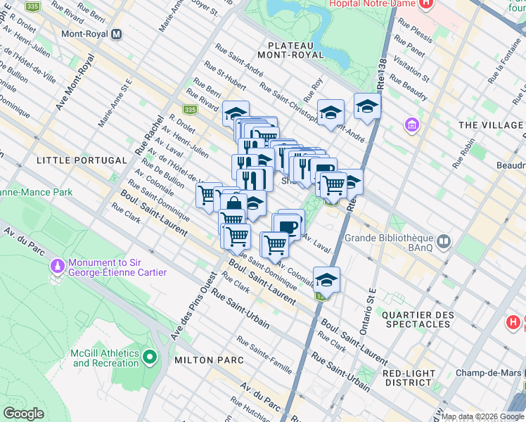 map of restaurants, bars, coffee shops, grocery stores, and more near 3726 Avenue Laval in Montréal