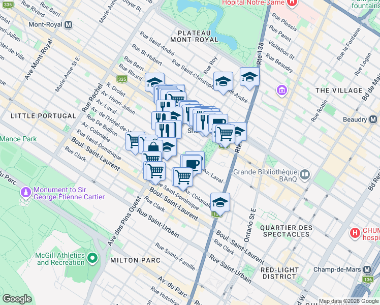map of restaurants, bars, coffee shops, grocery stores, and more near 3642 Avenue Henri-Julien in Montréal