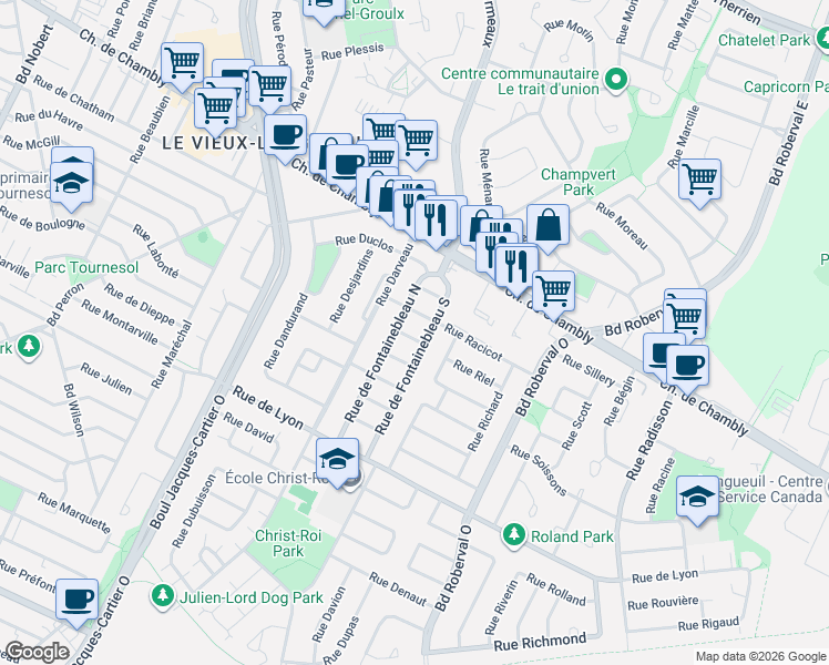 map of restaurants, bars, coffee shops, grocery stores, and more near 2983 Rue Gaillard in Longueuil