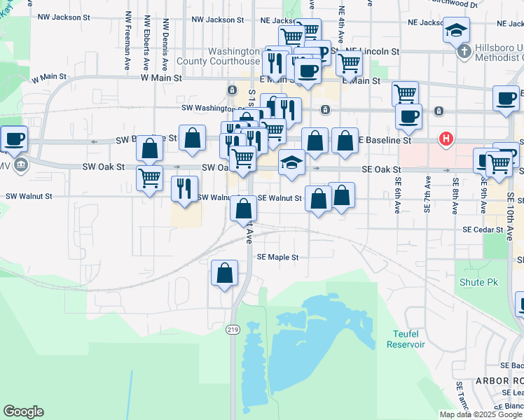 map of restaurants, bars, coffee shops, grocery stores, and more near 510 South 1st Avenue in Hillsboro