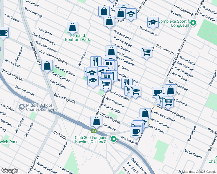 map of restaurants, bars, coffee shops, grocery stores, and more near 1150 Chemin du Coteau-Rouge in Longueuil