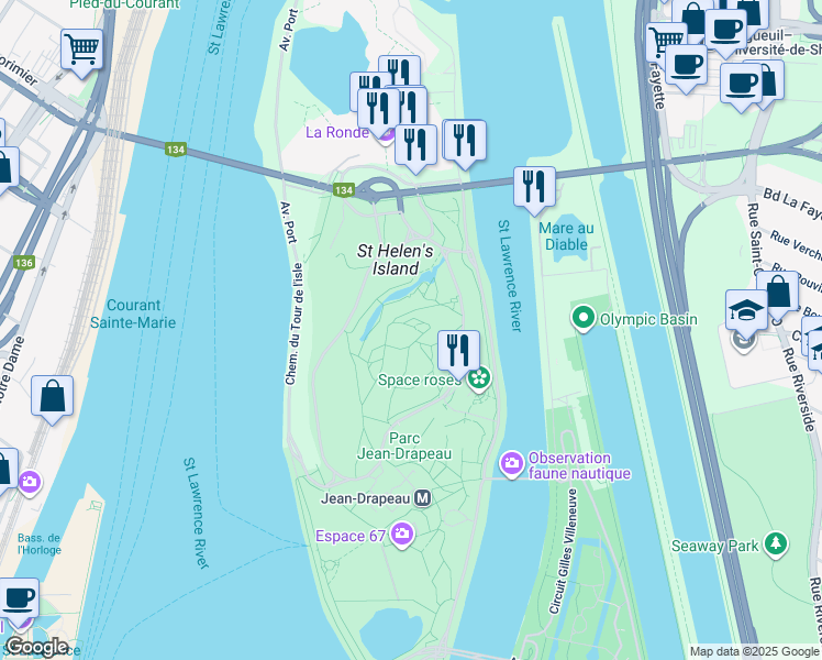 map of restaurants, bars, coffee shops, grocery stores, and more near 1 Circuit Gilles Villeneuve in Montreal