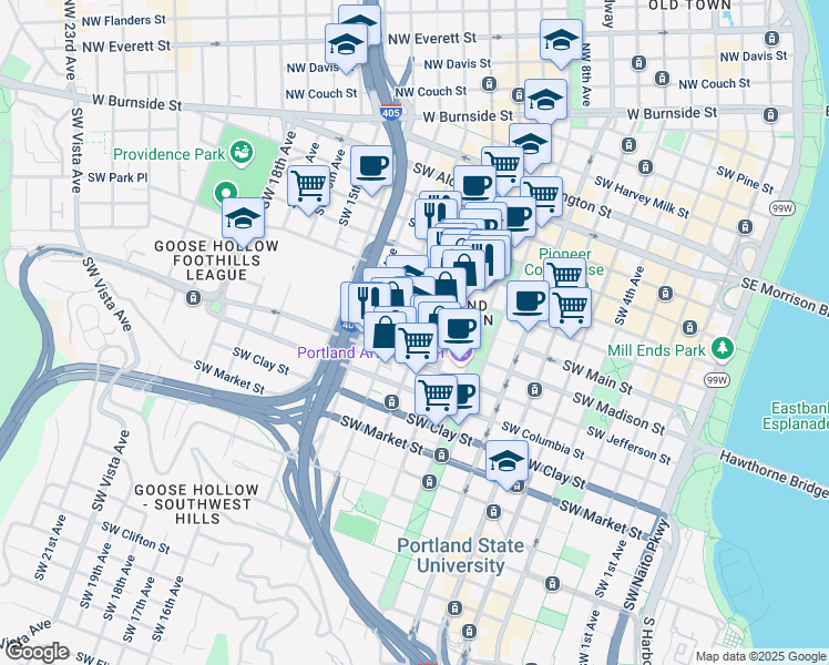 map of restaurants, bars, coffee shops, grocery stores, and more near 1201 Southwest 11th Avenue in Portland