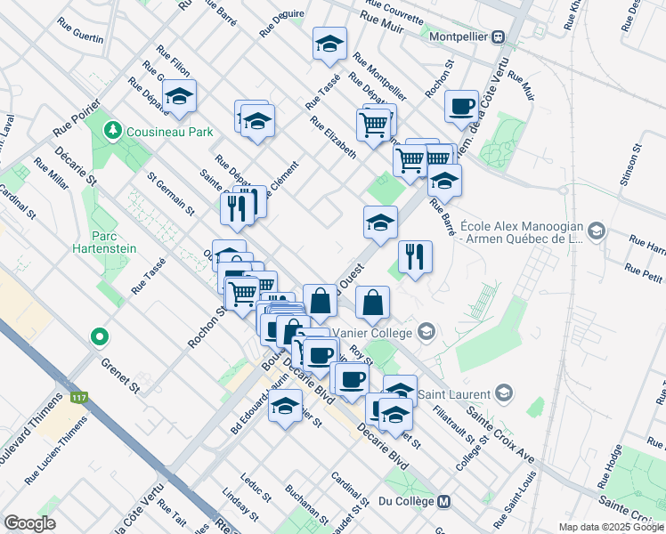 map of restaurants, bars, coffee shops, grocery stores, and more near 1275 Boulevard de la Côte-Vertu in Montréal