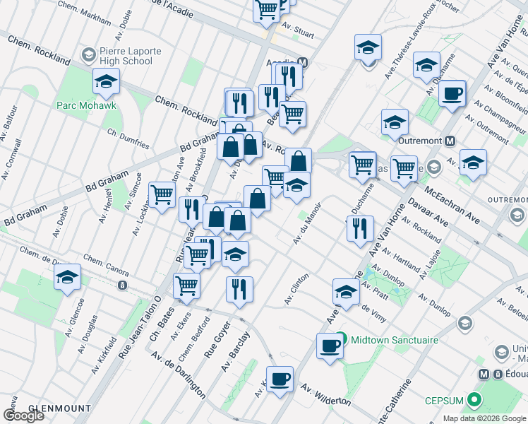 map of restaurants, bars, coffee shops, grocery stores, and more near 1095 Avenue Pratt in Montrã©Al