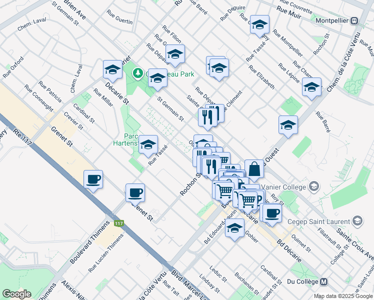 map of restaurants, bars, coffee shops, grocery stores, and more near 1325 Rue Décarie in Montréal