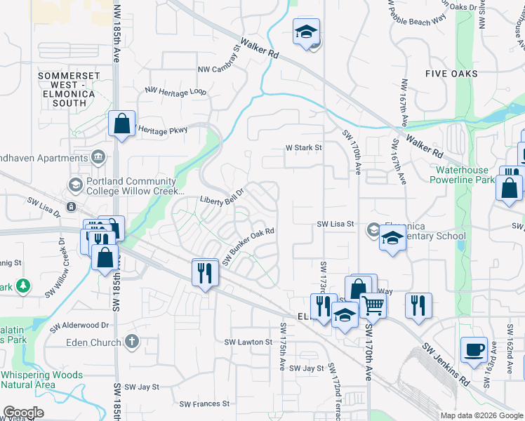 map of restaurants, bars, coffee shops, grocery stores, and more near 17680 Southwest Declaration Way in Beaverton