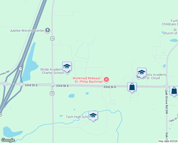 map of restaurants, bars, coffee shops, grocery stores, and more near 4301 32nd Street South in St. Cloud