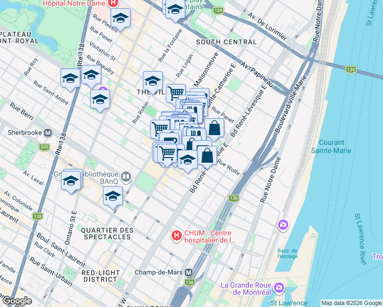 map of restaurants, bars, coffee shops, grocery stores, and more near in Montreal