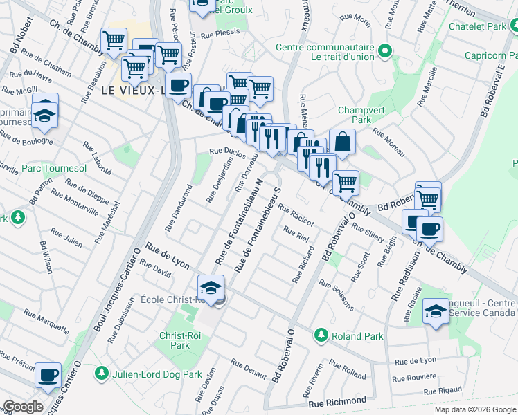 map of restaurants, bars, coffee shops, grocery stores, and more near 2983 Rue Gaillard in Longueuil