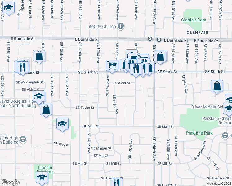 map of restaurants, bars, coffee shops, grocery stores, and more near 746 Southeast 143rd Avenue in Portland