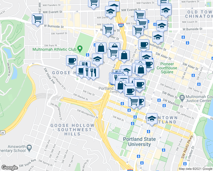 map of restaurants, bars, coffee shops, grocery stores, and more near Southwest Jefferson Street & Southwest 14th Avenue in Portland