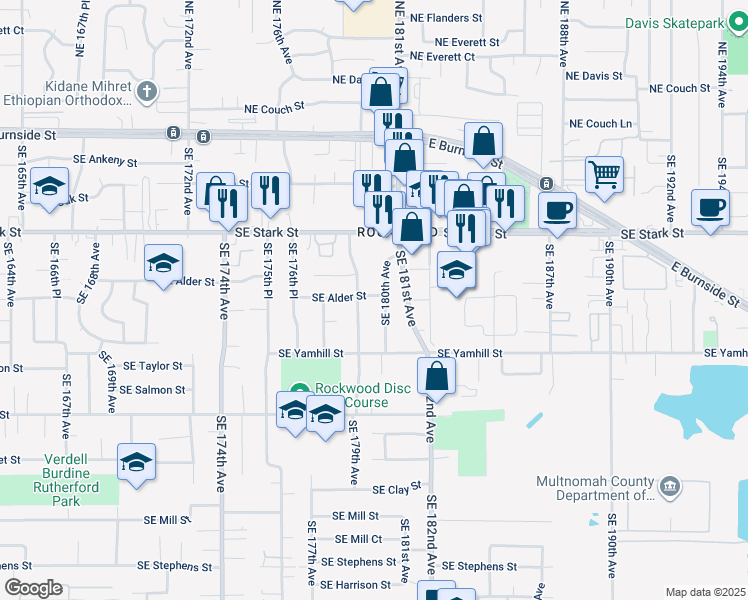 map of restaurants, bars, coffee shops, grocery stores, and more near 705 Southeast 180th Avenue in Portland