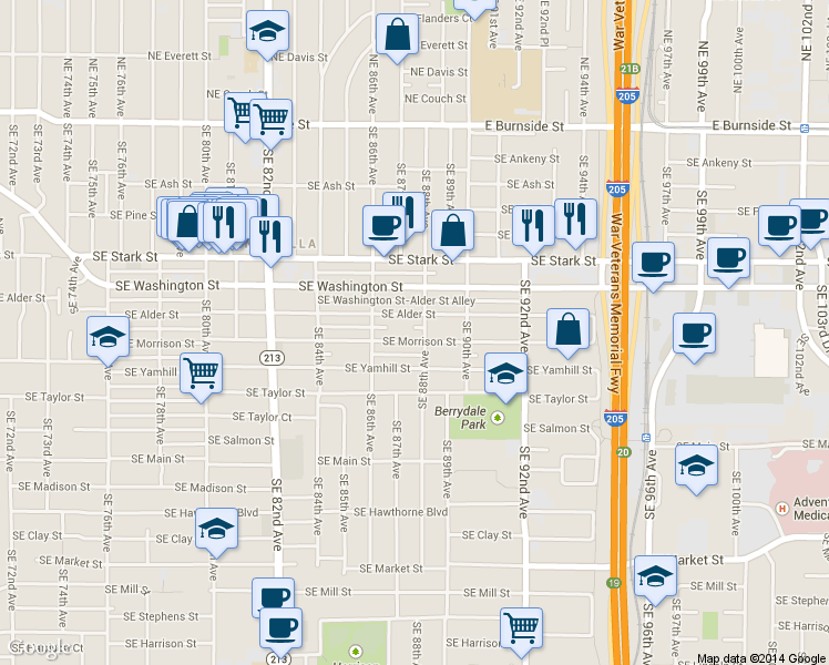 map of restaurants, bars, coffee shops, grocery stores, and more near 8650 Southeast Alder Street in Portland