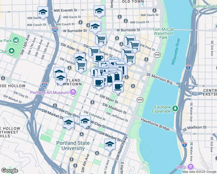 map of restaurants, bars, coffee shops, grocery stores, and more near 700 Southwest 5th Avenue in Portland