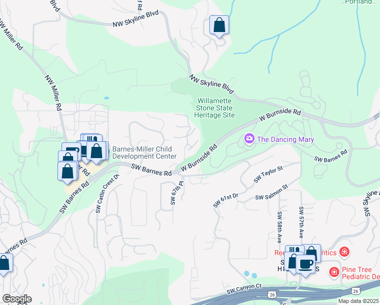 map of restaurants, bars, coffee shops, grocery stores, and more near West Burnside Road in Portland