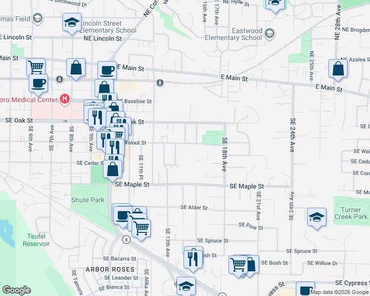 map of restaurants, bars, coffee shops, grocery stores, and more near 1525 Southeast Walnut Street in Hillsboro