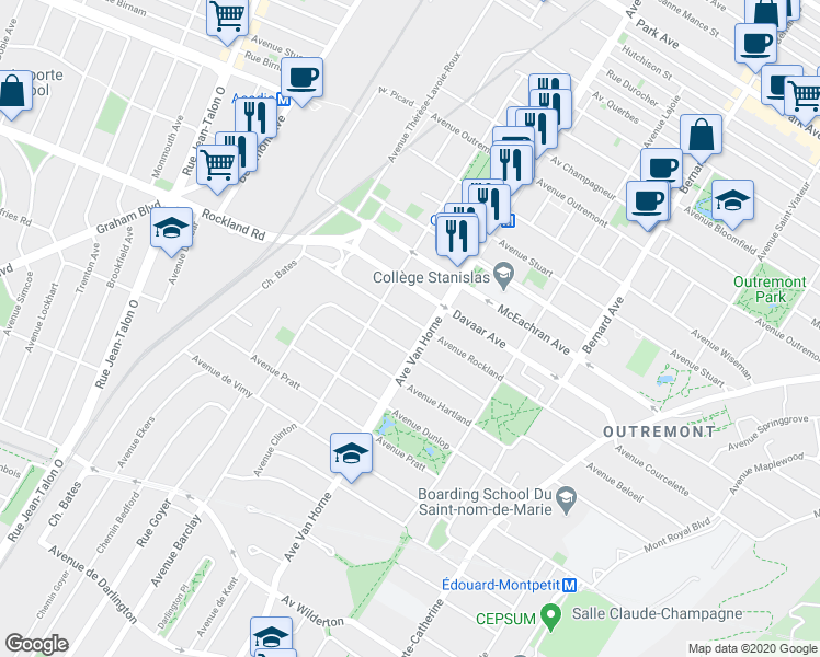 map of restaurants, bars, coffee shops, grocery stores, and more near 820 Avenue Rockland in Montréal