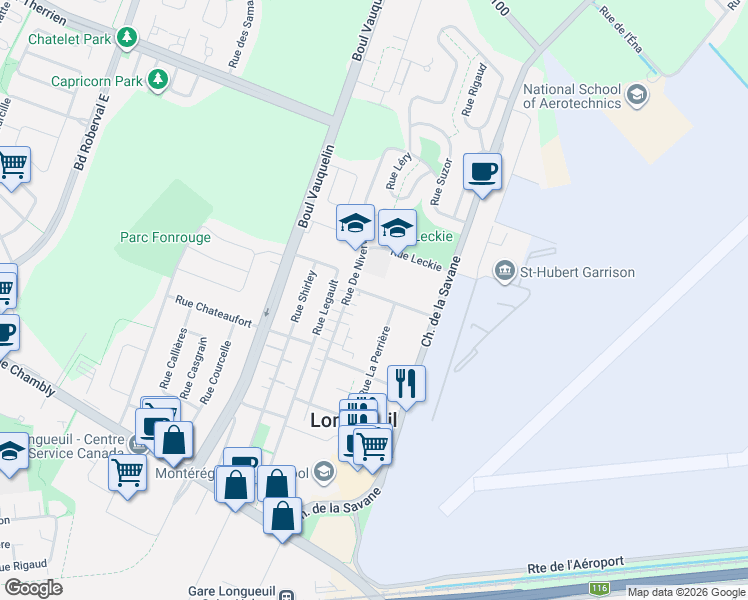 map of restaurants, bars, coffee shops, grocery stores, and more near 4461 Rue de Tonnancour in Longueuil