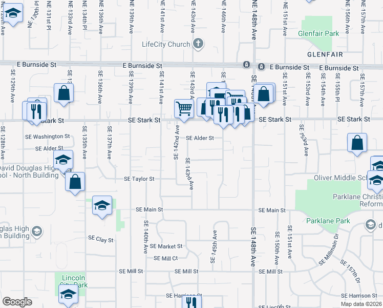 map of restaurants, bars, coffee shops, grocery stores, and more near 746 Southeast 143rd Avenue in Portland