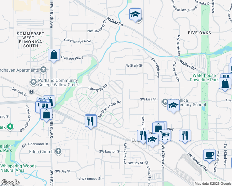 map of restaurants, bars, coffee shops, grocery stores, and more near 17680 Southwest Declaration Way in Beaverton
