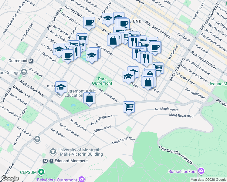 map of restaurants, bars, coffee shops, grocery stores, and more near in Montreal
