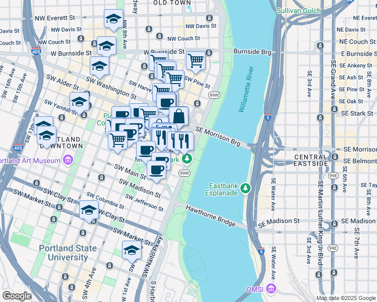 map of restaurants, bars, coffee shops, grocery stores, and more near in Portland