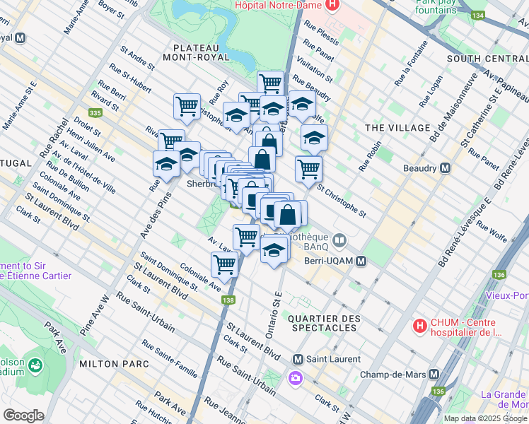map of restaurants, bars, coffee shops, grocery stores, and more near in Montréal