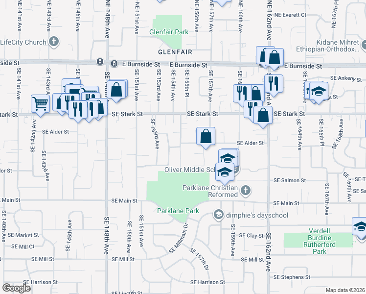map of restaurants, bars, coffee shops, grocery stores, and more near 710 Southeast 155th Avenue in Portland